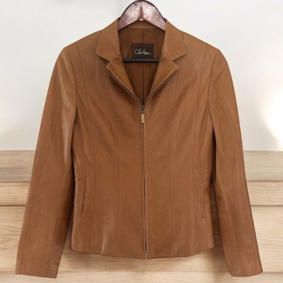 Cole Hann Lambskin Leather Jacket Womens Small Full Zip Tan - Picture 2 of 16
